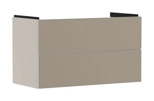 Helle, matte Waschtischunterschrank von Hansgrohe mit zwei Schubkästen, rechteckige Form und schlichte Frontgestaltung in Sandbeige.